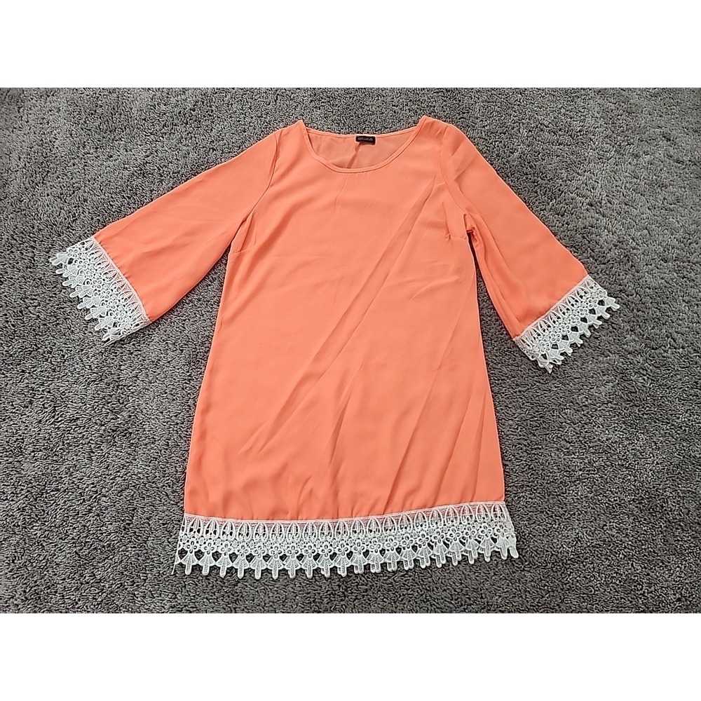 Love Culture Tunic Top Womens M Coral White Chiffon Lace Trim 3/4 Sleeve Sheer